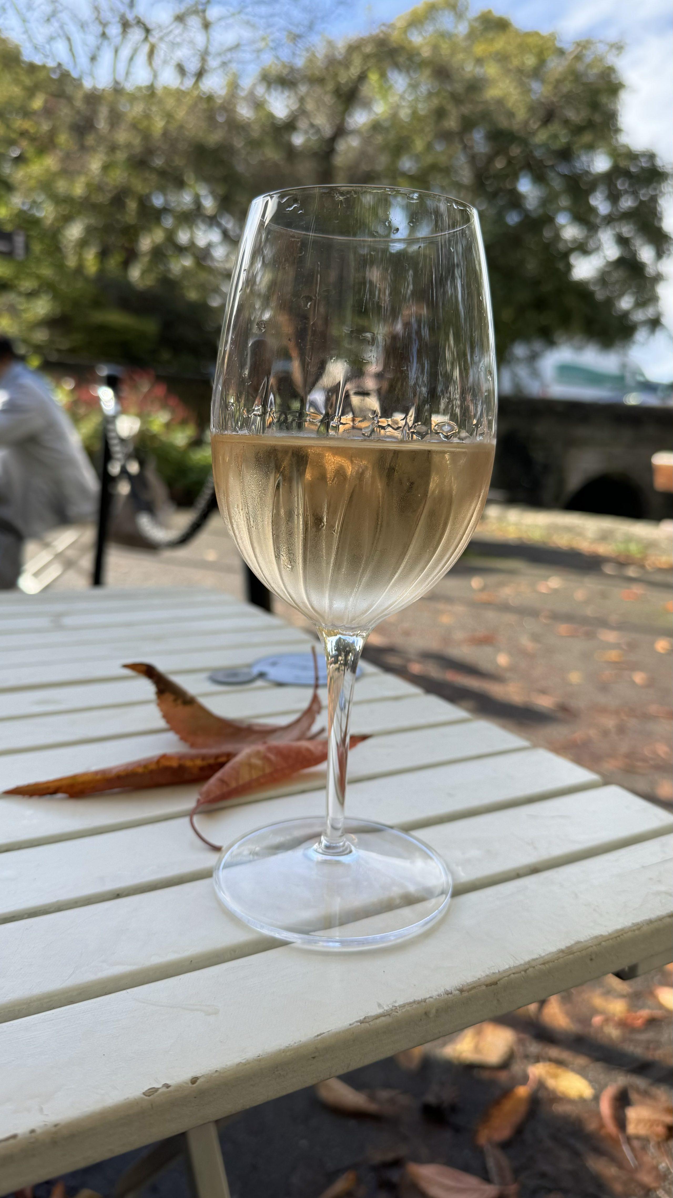 Wine glass on an outdoor table in autumn